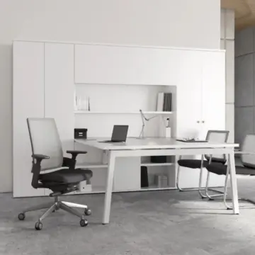 Bureau modulaire professionnel Connect Ambiance Armoire haute piètement tréteau blanc