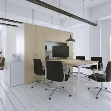 Bureau modulaire professionnel Connect Ambiance Armoire haute piètement tréteau finition bois