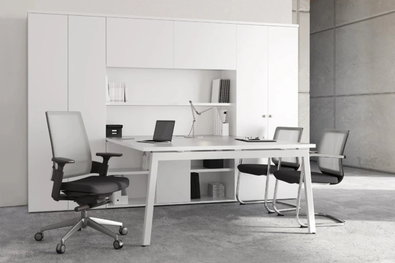 Bureau modulaire professionnel Connect armoires doubles hautes blanches