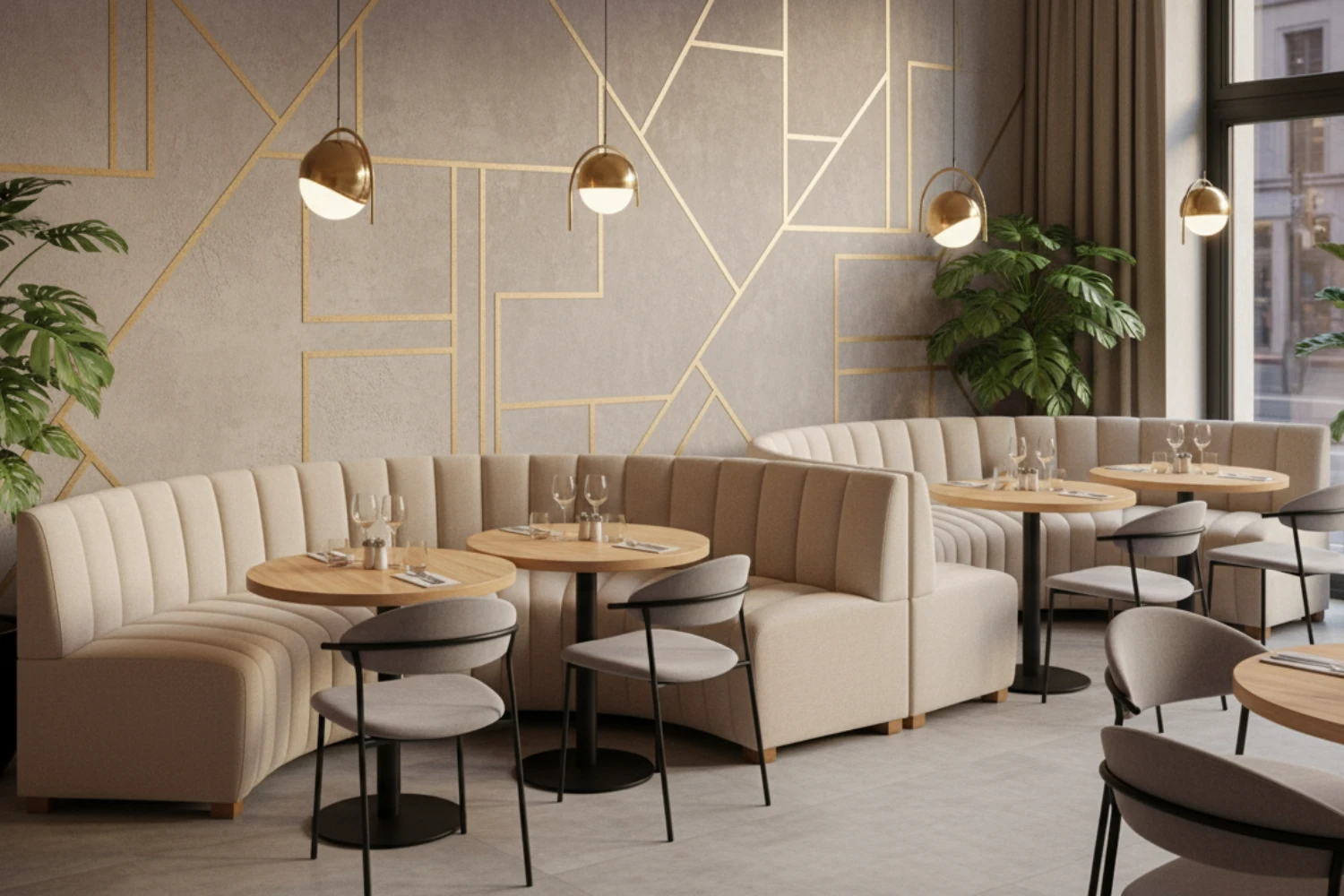 Banquette modulable en velours ovale beige