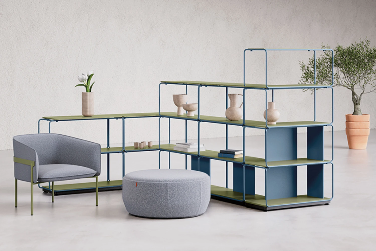 Bibliothèque modulaire design minimaliste Libro ambiance bleu vert