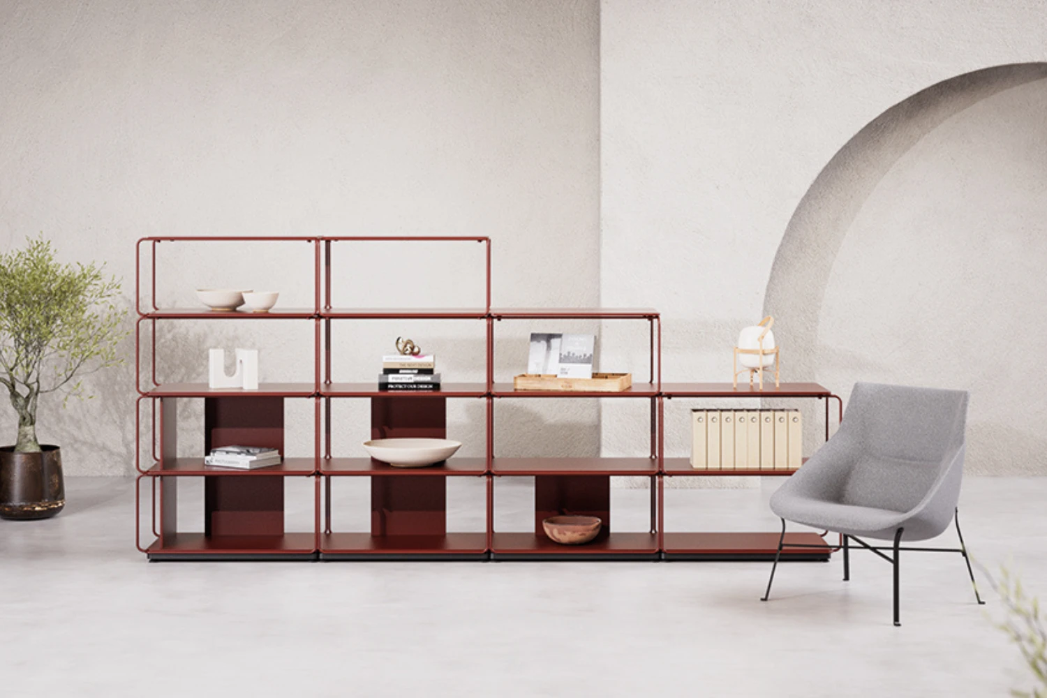 Bibliothèque modulaire design minimaliste Libro ambiance rouge