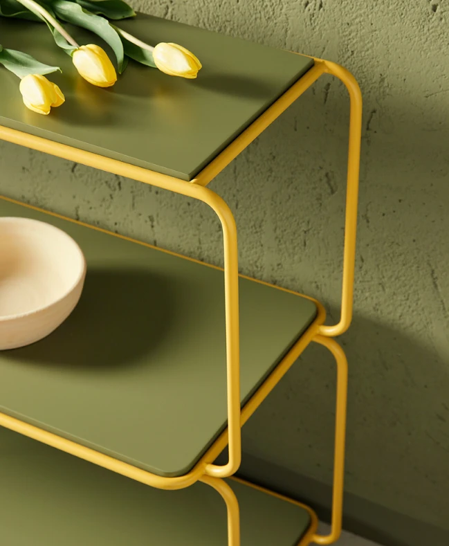 Bibliothèque modulaire design minimaliste Libro détails vert jaune