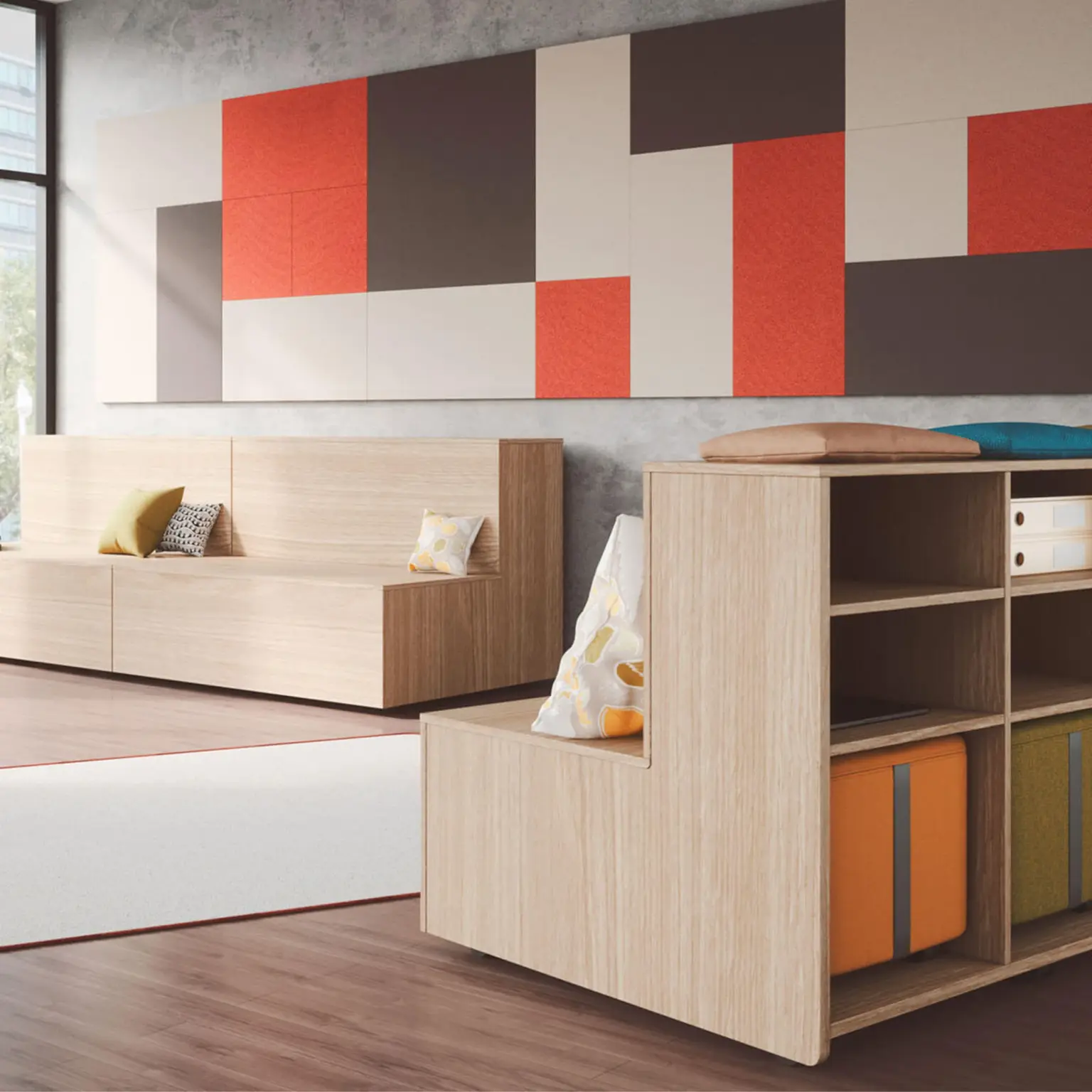 Gradin en bois mobile et modulable avec rangements intégrés ambiance Gradin en bois mobile et modulable avec rangements intégrés ambiance