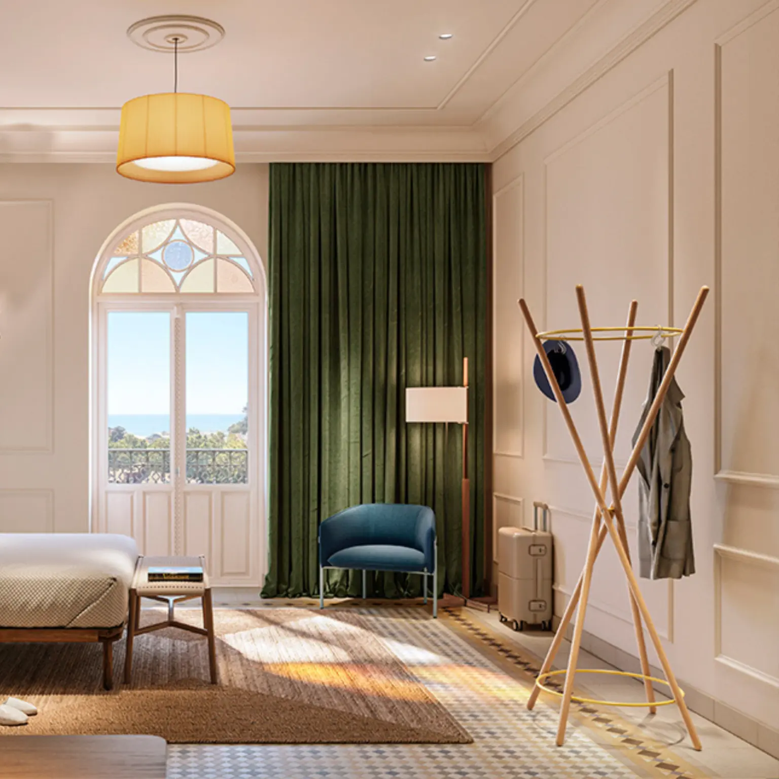 Porte-manteau en bois massif détails colorés ambiance chambre d’hotel Porte-manteau en bois massif détails colorés ambiance chambre d'hotel