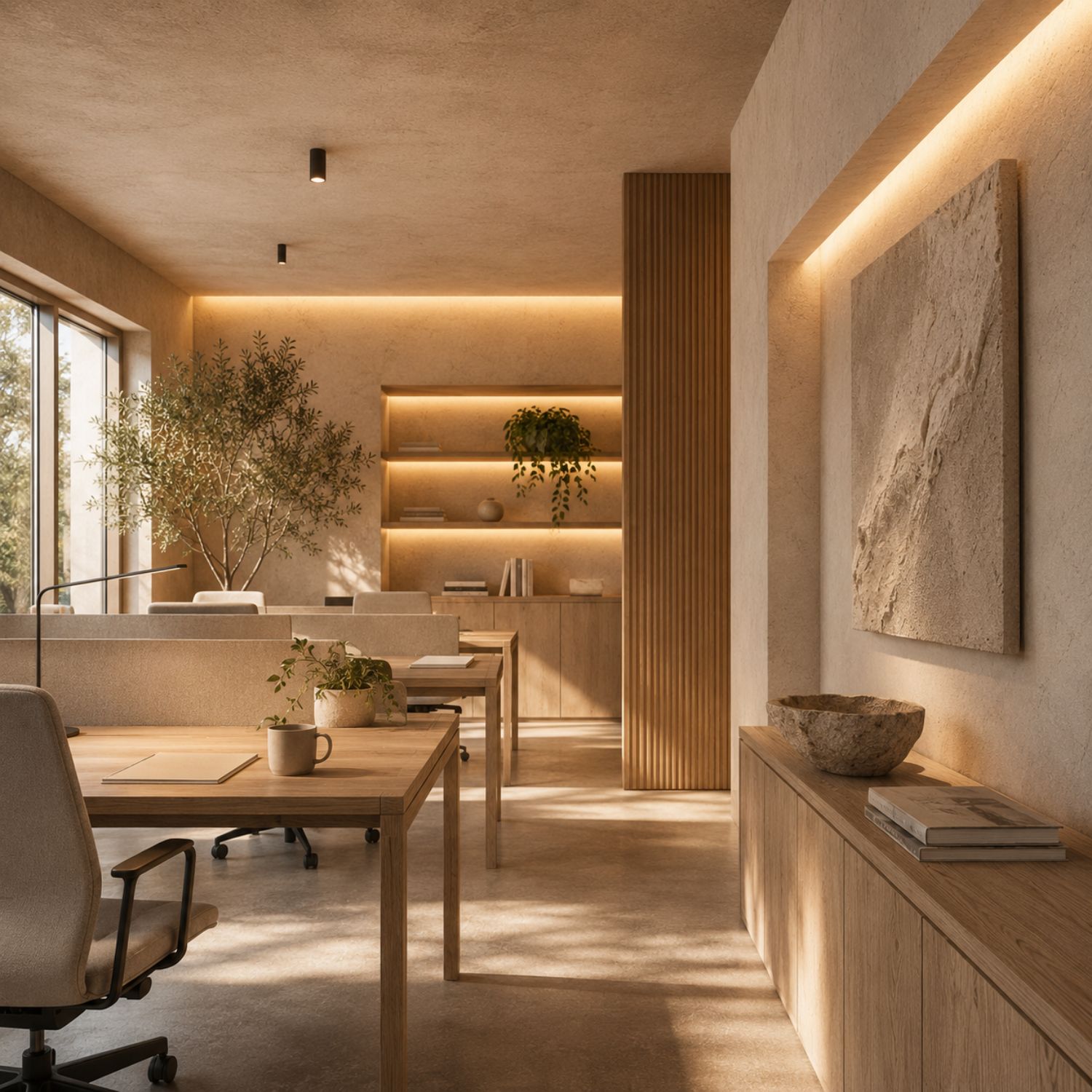 Bureau éclairé par une lumière chaude indirecte révélant les textures du bois