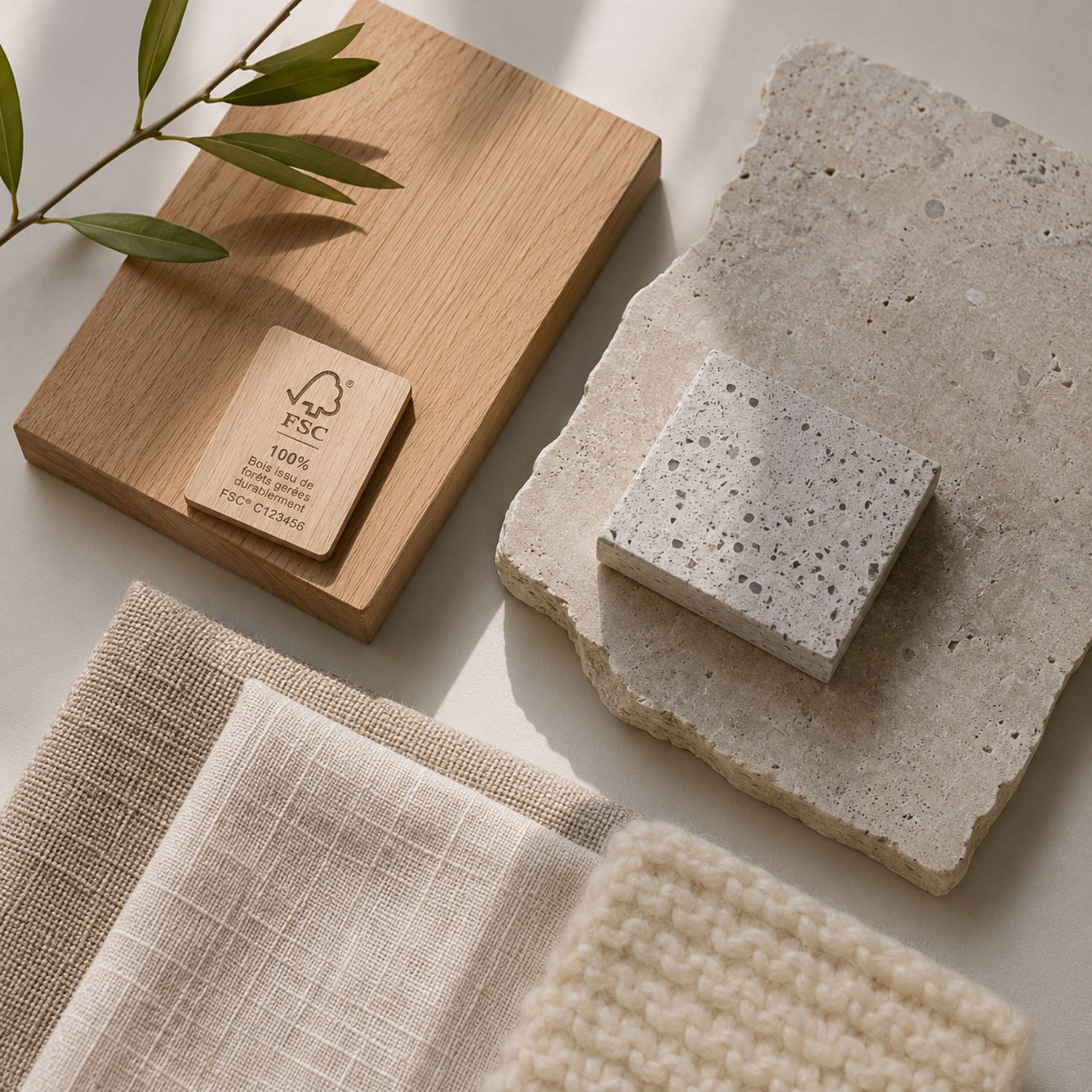 Échantillons de bois certifié, pierre naturelle et textile en lin pour l'aménagement de bureau