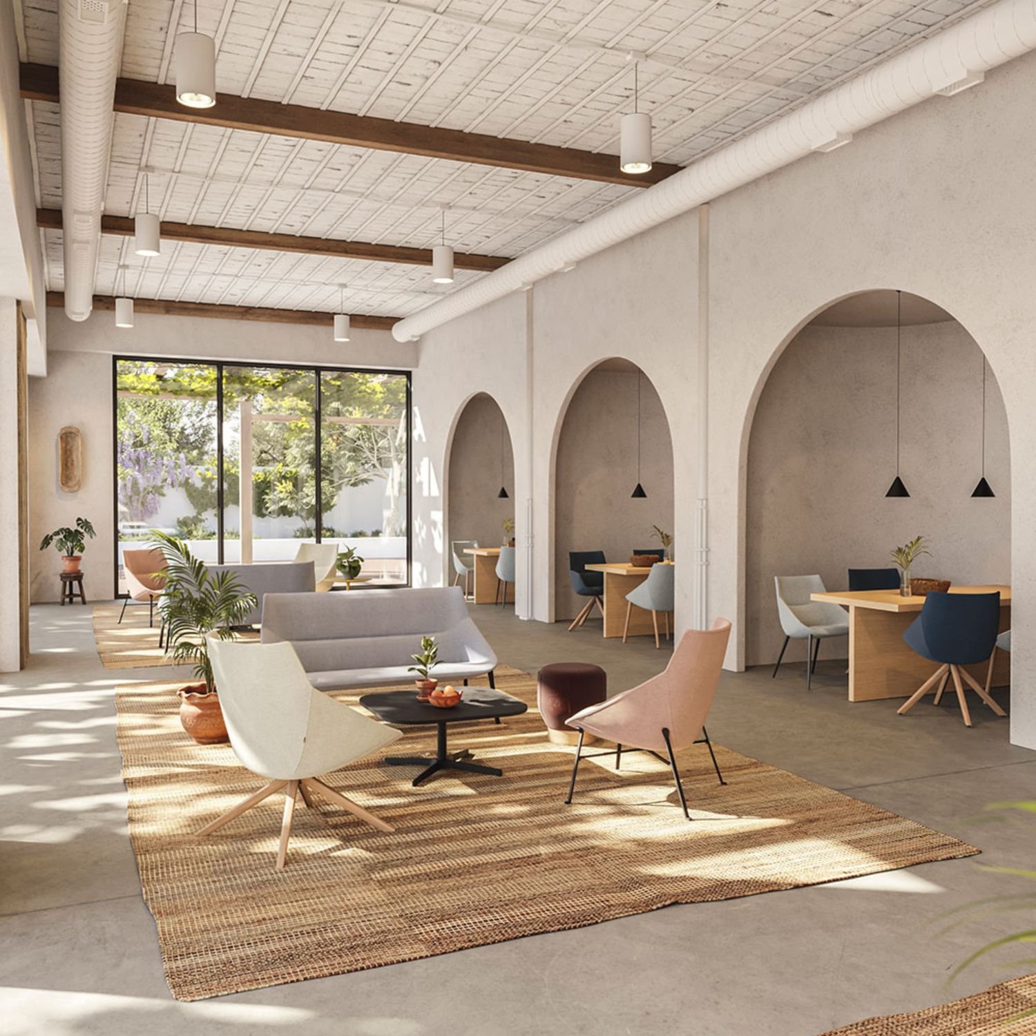 Canape 2 places lounge Bow — vue large espace lounge et coworking professionnel