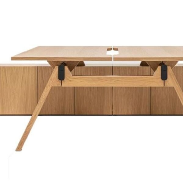 Bureau bench Aura — vue de profil pietement hetre et poutre aluminium