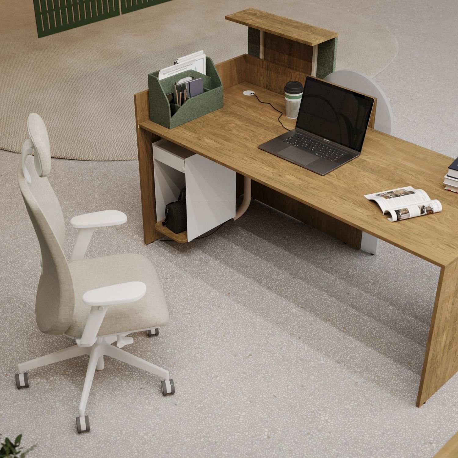 Bureau d accueil acoustique Vela Comptoir panneau tissu ambiance noyer
