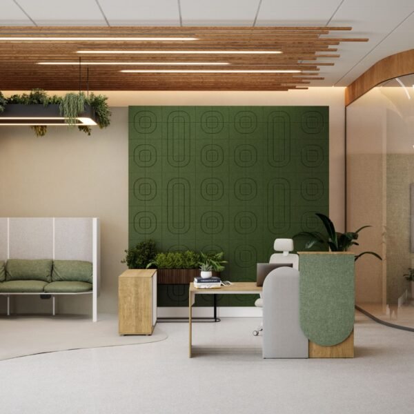 Bureau d accueil acoustique Vela en situation — coin d accueil open space