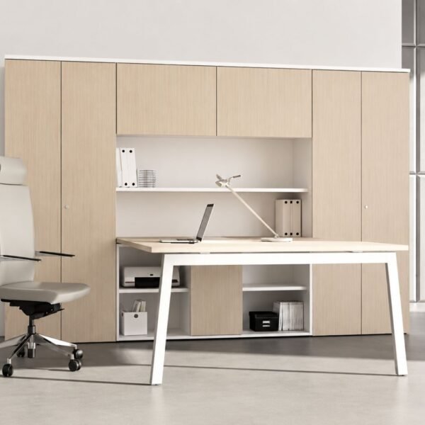 Bureau modulaire professionnel CONNECT — configuration avec armoire haute Bureau modulaire professionnel CONNECT — configuration avec armoire haute
