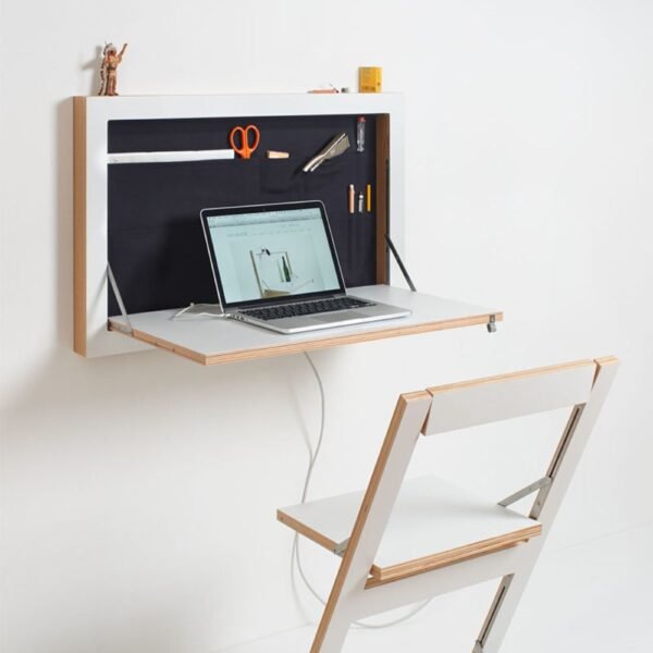 Bureau mural rabattable compact caisson de rangement integre vu de profil Bureau mural rabattable compact caisson de rangement integre vu de profil