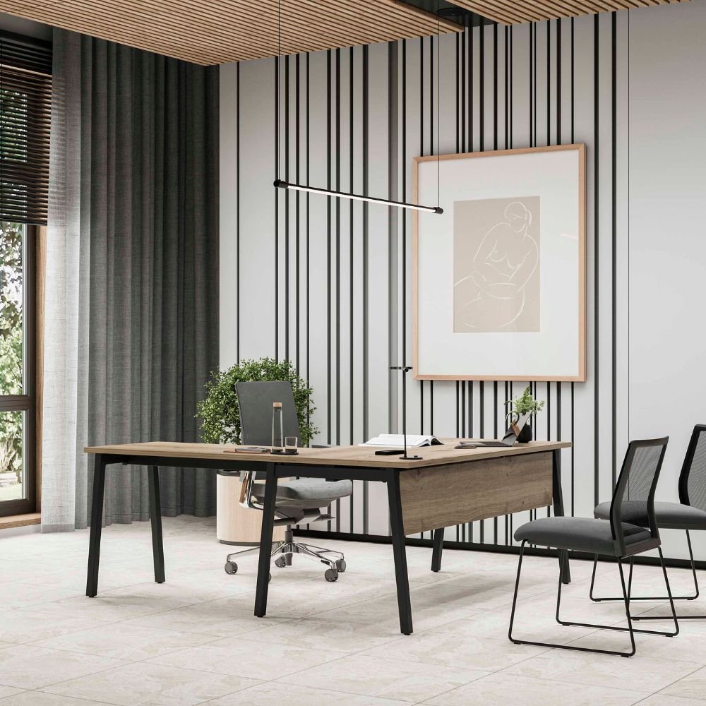 Bureau treteaux professionnel M Next — coin de travail en ambiance chaleureuse