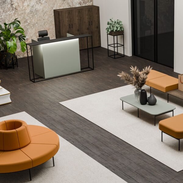 Comptoir d accueil design Rivo en situation — hall d entreprise Comptoir d accueil design Rivo en situation — hall d entreprise