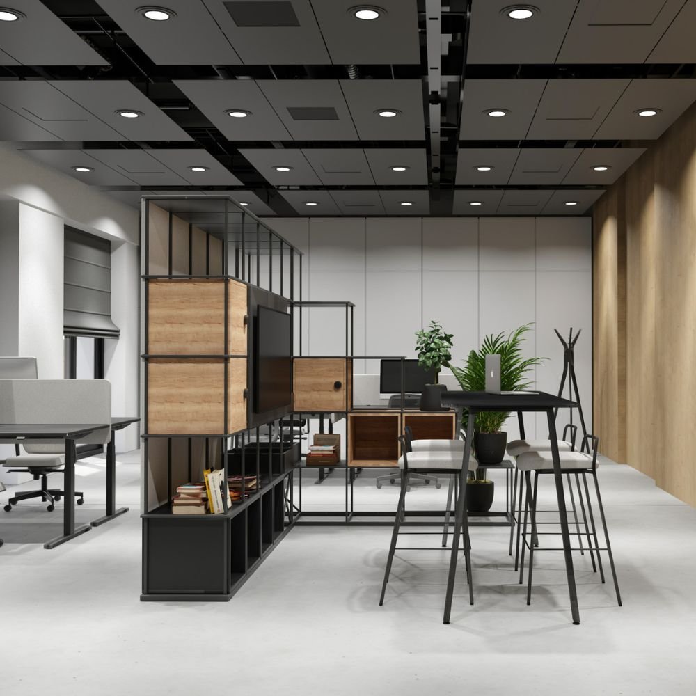 Etageres modulaires autoportantes Stack en situation — open space reunion informelle