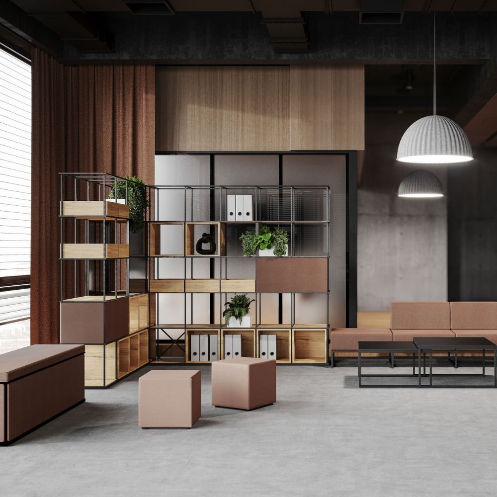 Etageres modulaires autoportantes Stack — coin lounge et rangement