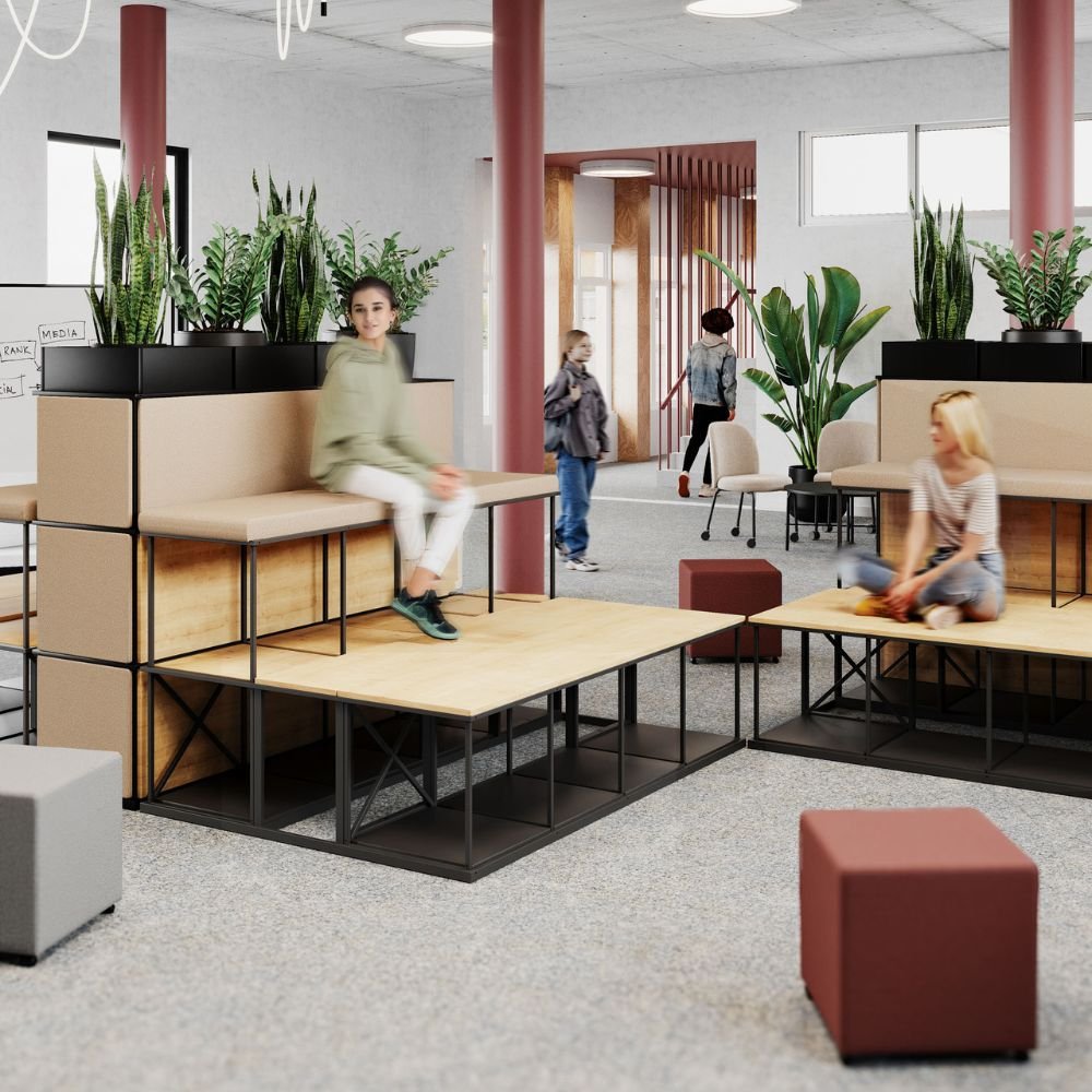 Gradin modulaire acoustique coworking Stack — detail d ambiance avec assises rembourrees