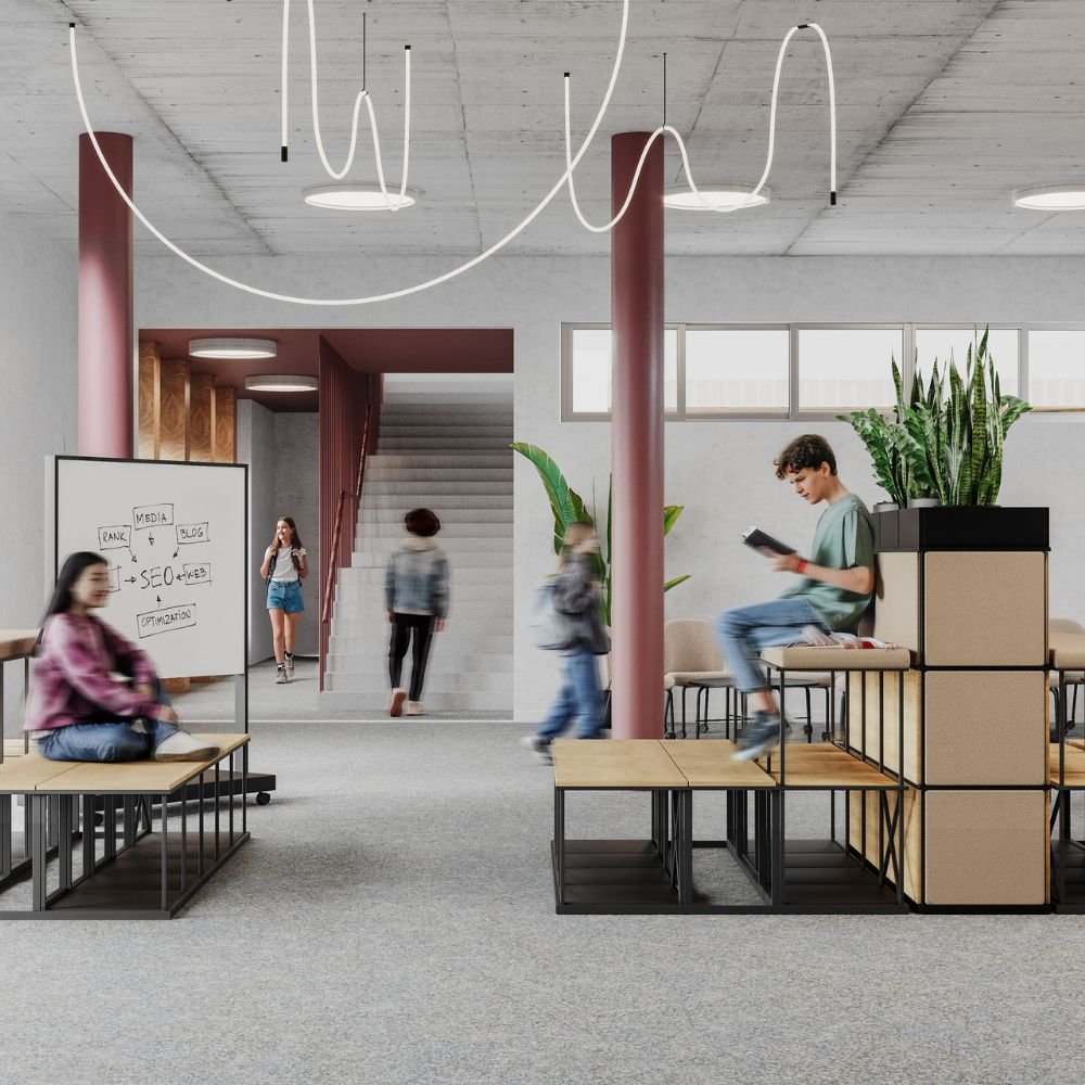 Gradin modulaire acoustique coworking Stack — pause collaborative entre collegues