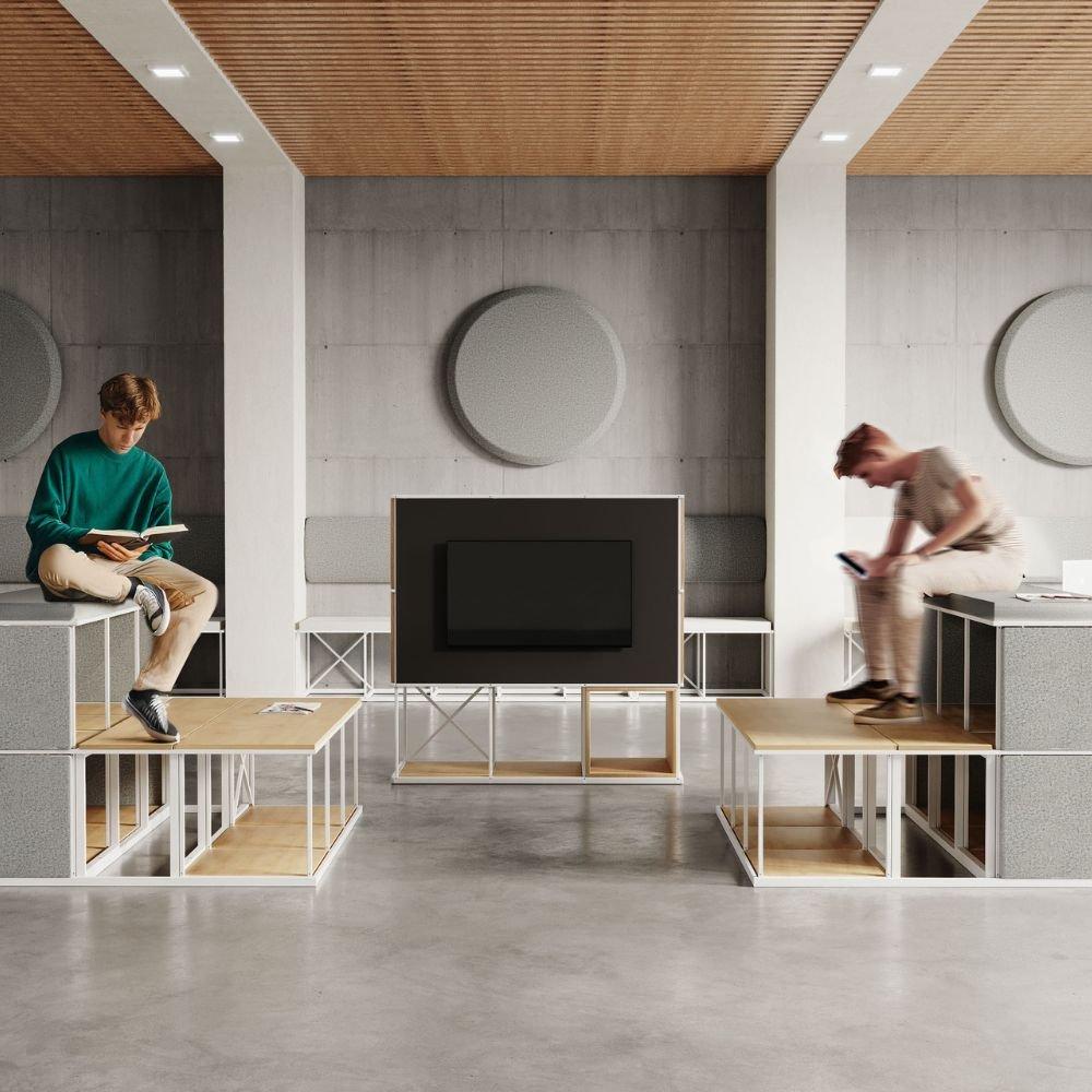 Gradin modulaire acoustique coworking Stack — vue large d une zone de reunion en open space