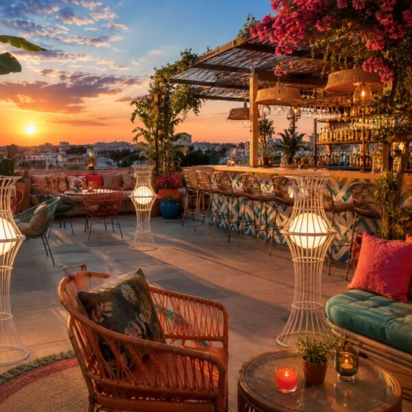 Luminaire Bolonia en situation — terrasse de restaurant au crepuscule Luminaire Bolonia en situation — terrasse de restaurant au crepuscule