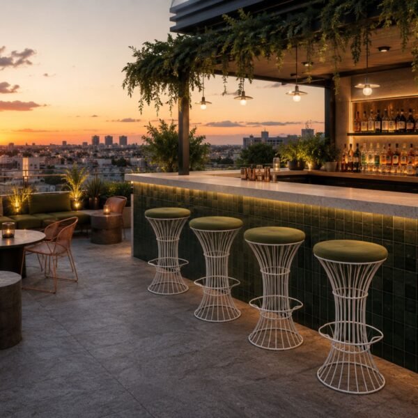 Pouf haut outdoor filaire Bolonia en situation — terrasse lounge hotel design rooftop