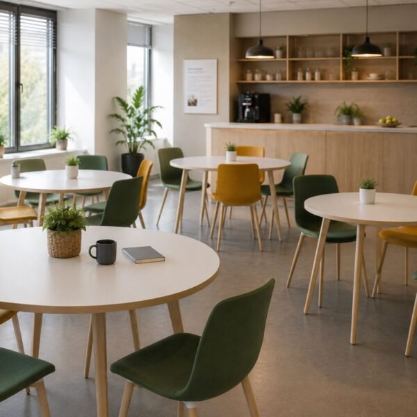 Table ronde 120 cm bois massif Timber ambiance cafeteria 2