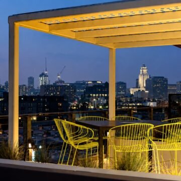 Tabouret de bar outdoor Bolonia design filaire ambiance rooftop