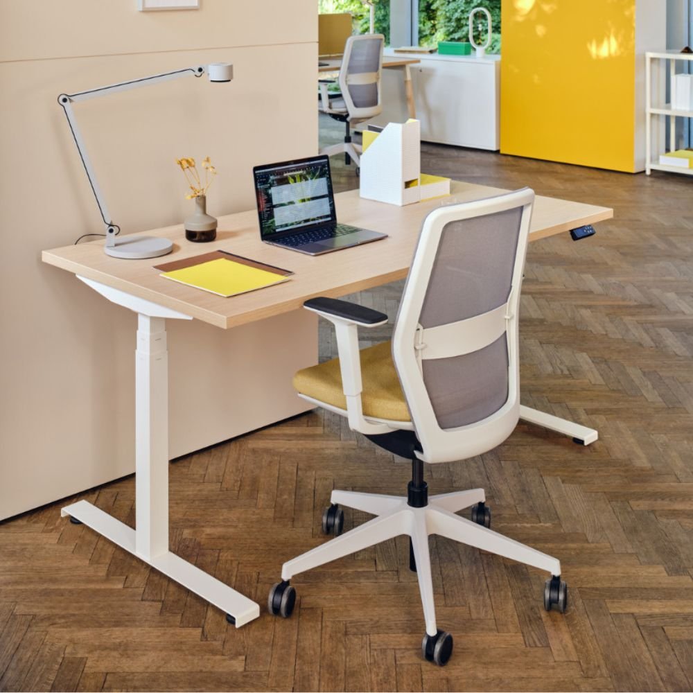 Bureau assis debout 2 moteurs Elevo — poste individuel chene clair en plateau partage Bureau assis debout 2 moteurs Elevo — poste individuel chene clair en plateau partage