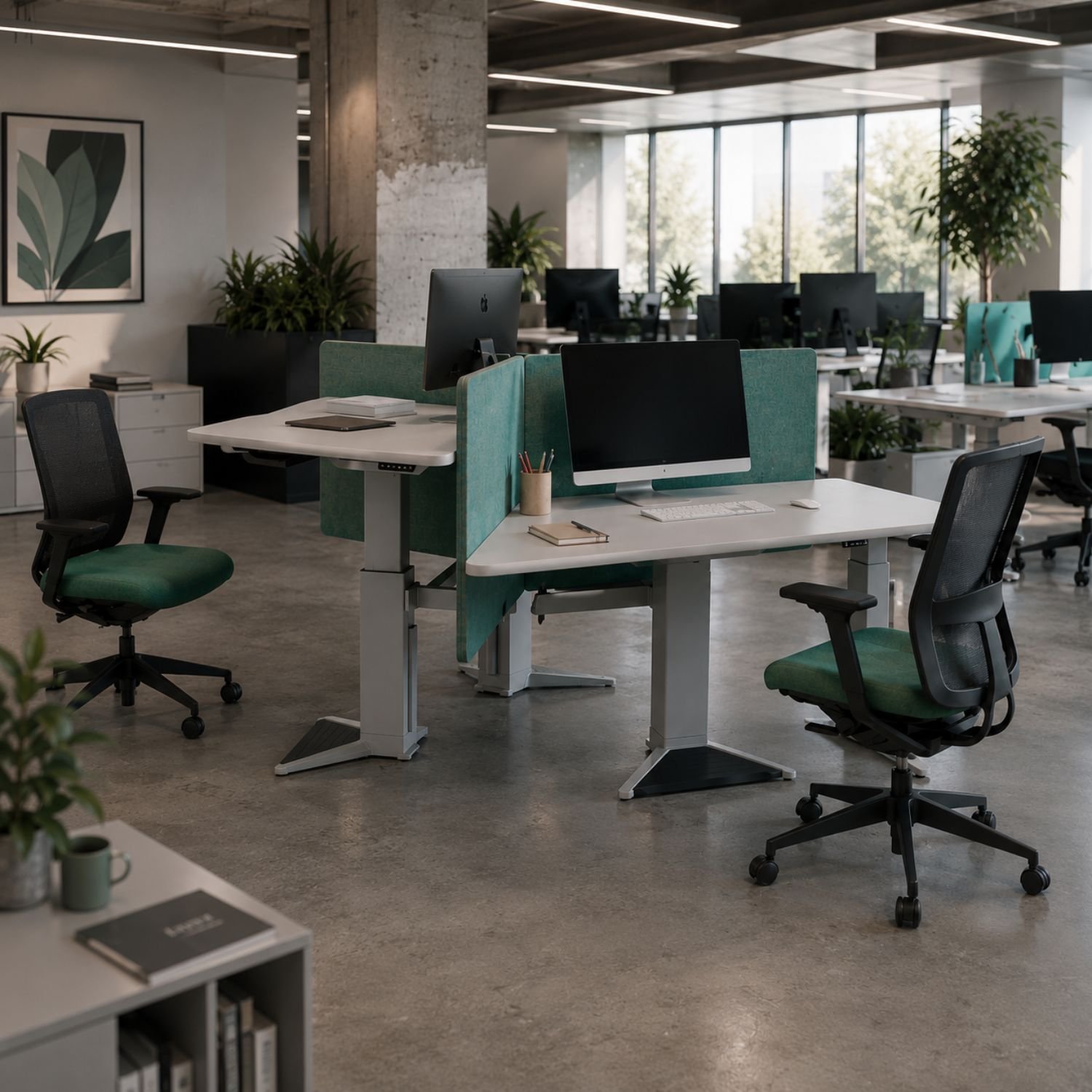 Bureau assis debout 3 personnes Essor ambiance vert Bureau assis debout 3 personnes Essor ambiance vert