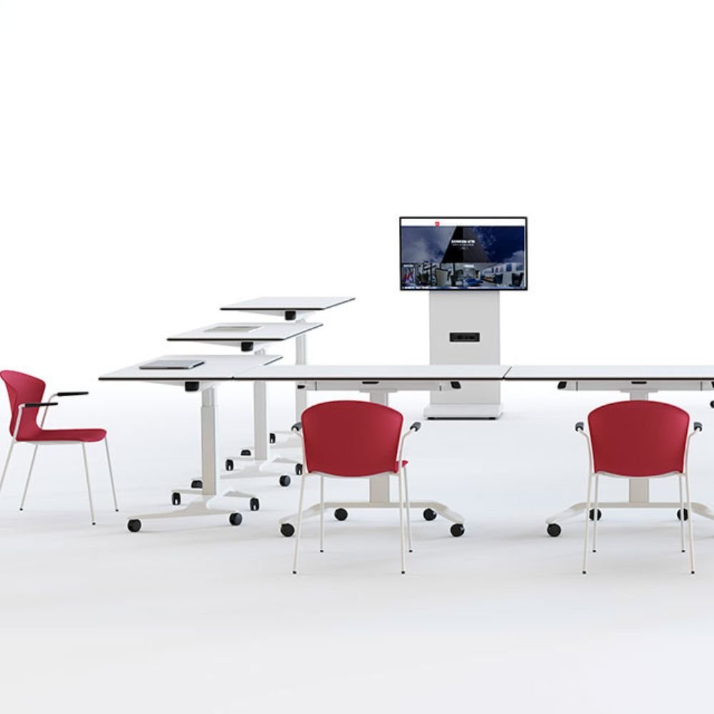 Bureau assis debout a roulettes Essor — Implantation en reunion formation Bureau assis debout a roulettes Essor — Implantation en reunion formation