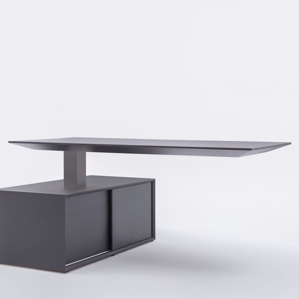 Bureau assis debout en bois Levita — plateau bois et socle graphite