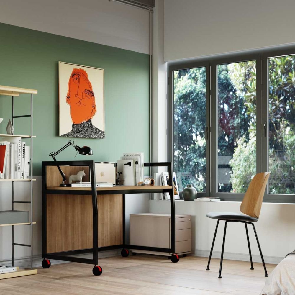 Bureau assis debout motorise a roulettes Wariant en situation — studio etudiant