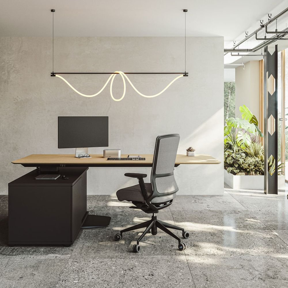 Bureau assis debout noir Altevo — poste de direction epure face a une baie vitree Bureau assis debout noir Altevo — poste de direction epure face a une baie vitree