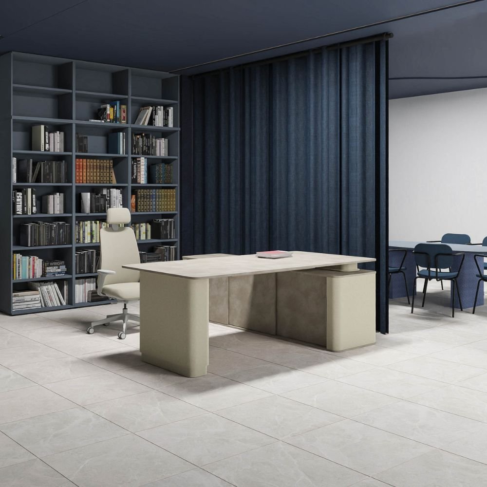 Bureau reglable en hauteur ergonomique Eleganza version avec meuble porteur lateral