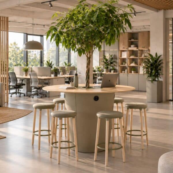 Table haute ronde végétalisée On Point Offecct Flokk ambiance bois