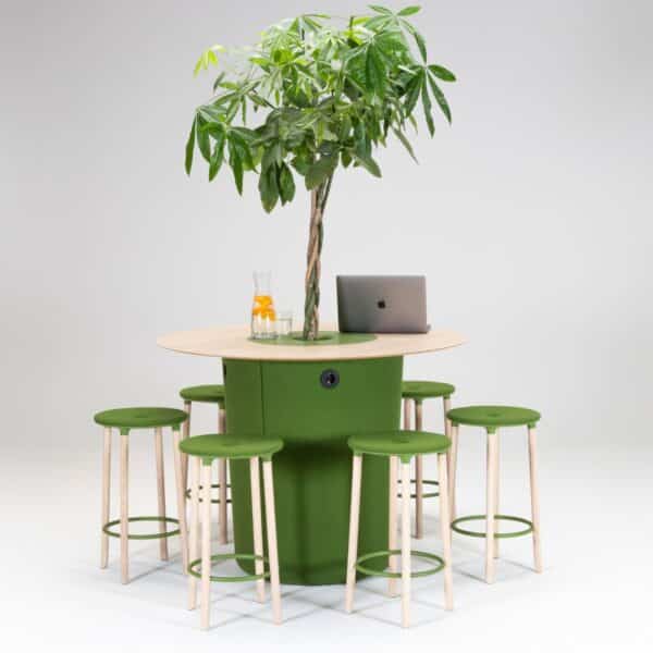 Table haute ronde vegetalisee On Point Offecct Flokk et tabourets