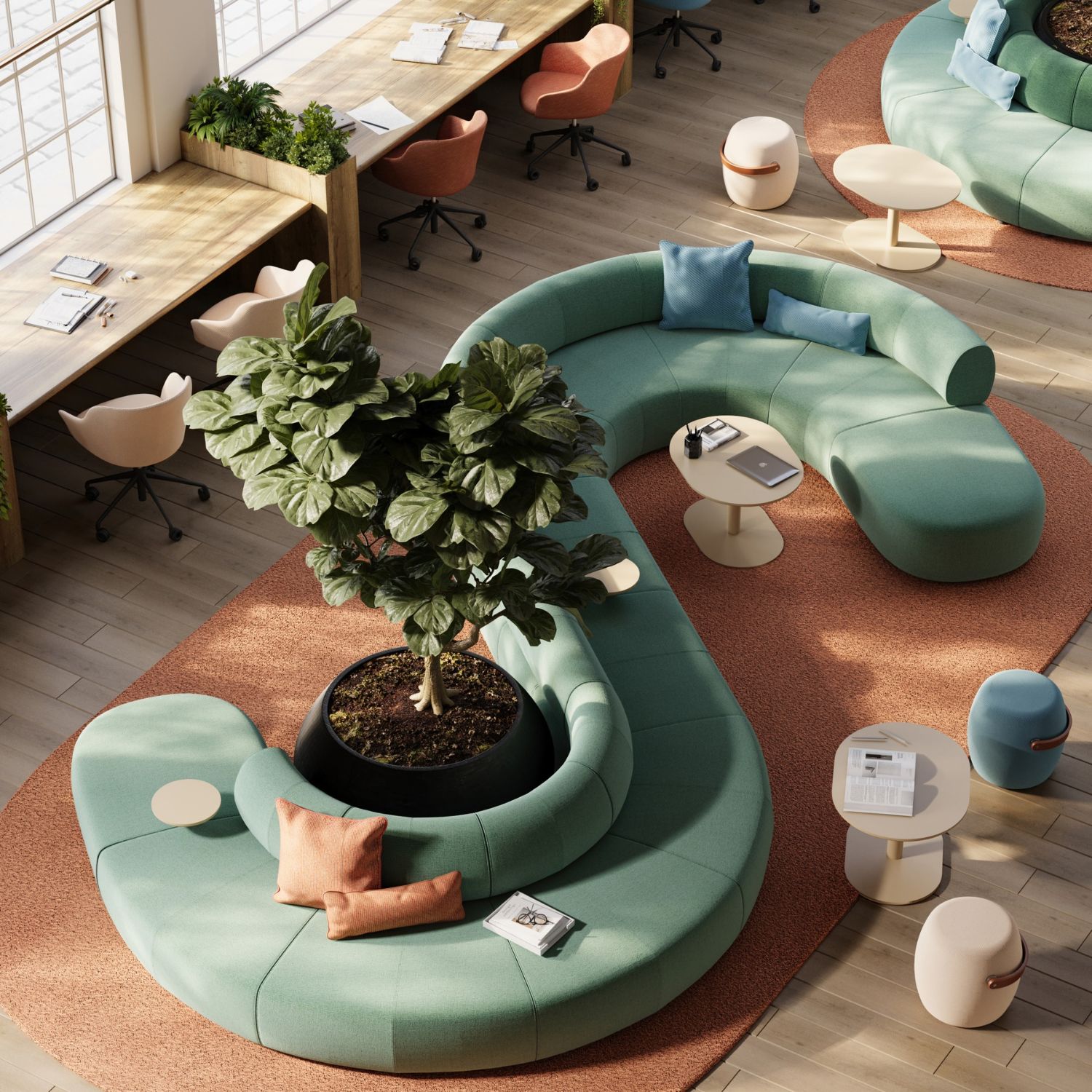 Amenagement d un espace coworking avec une banquette modulaire de coworking