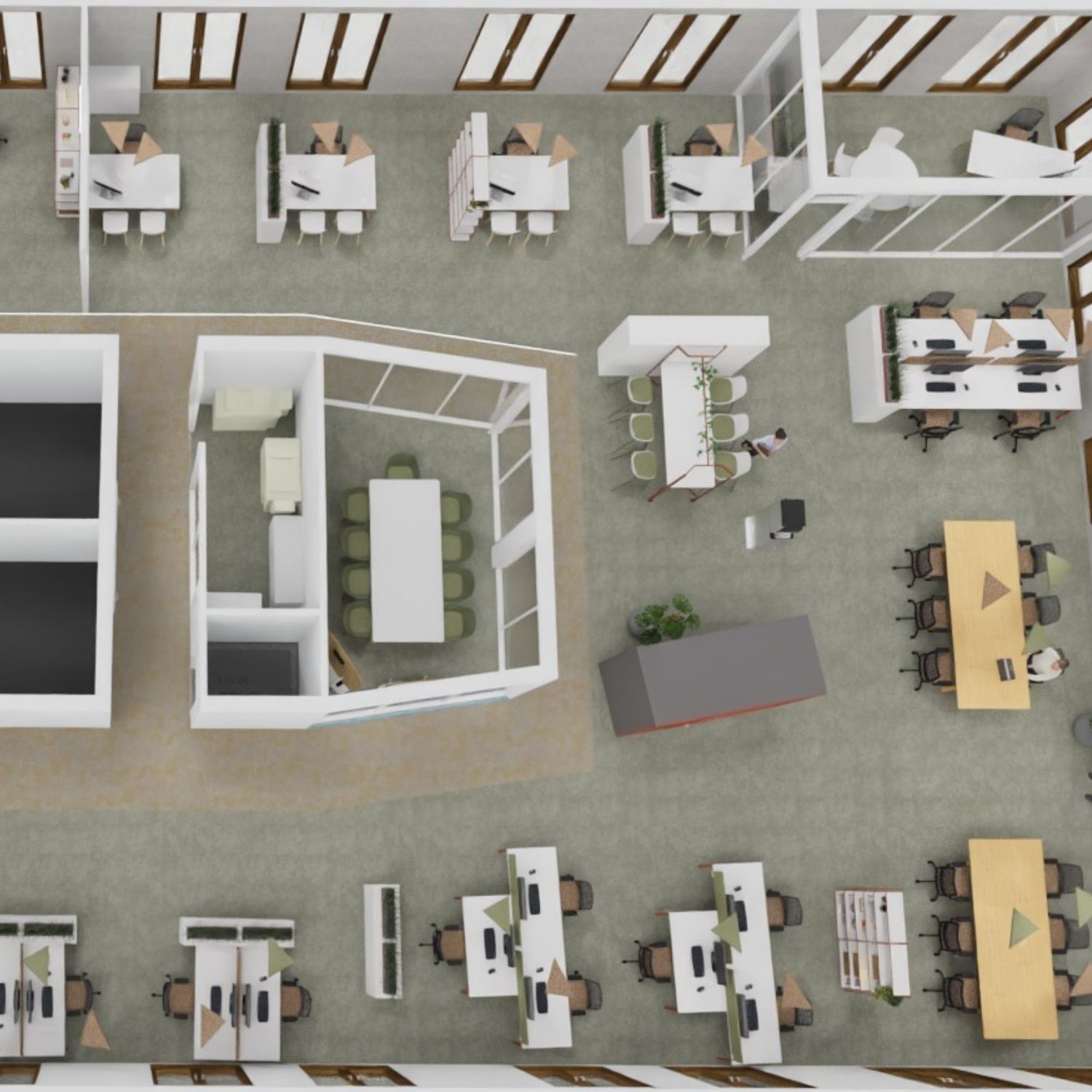 Plan de zoning pour un aménagement de bureaux : zones de concentration, d'échange et de réunion
