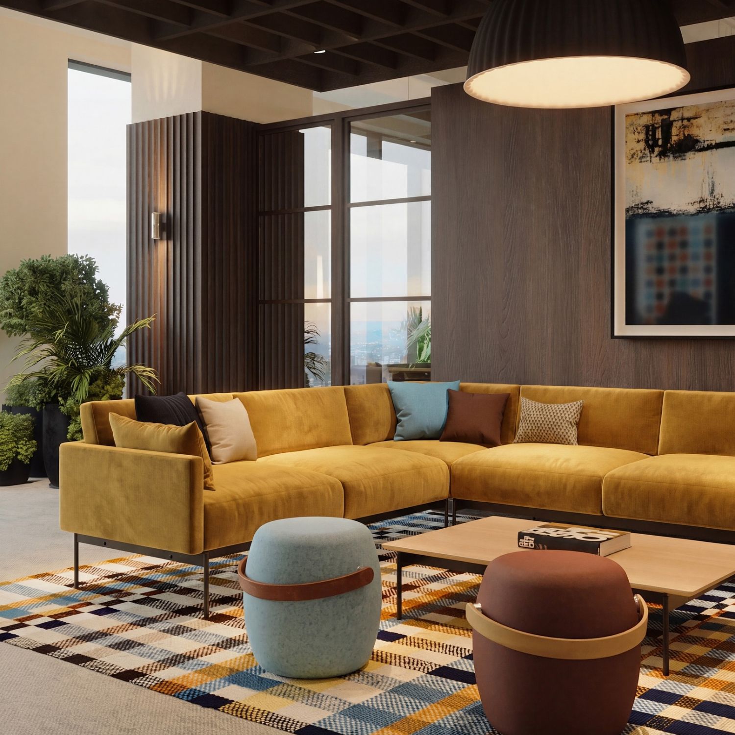 Canapé modulable et pouf dans un espace de coworking