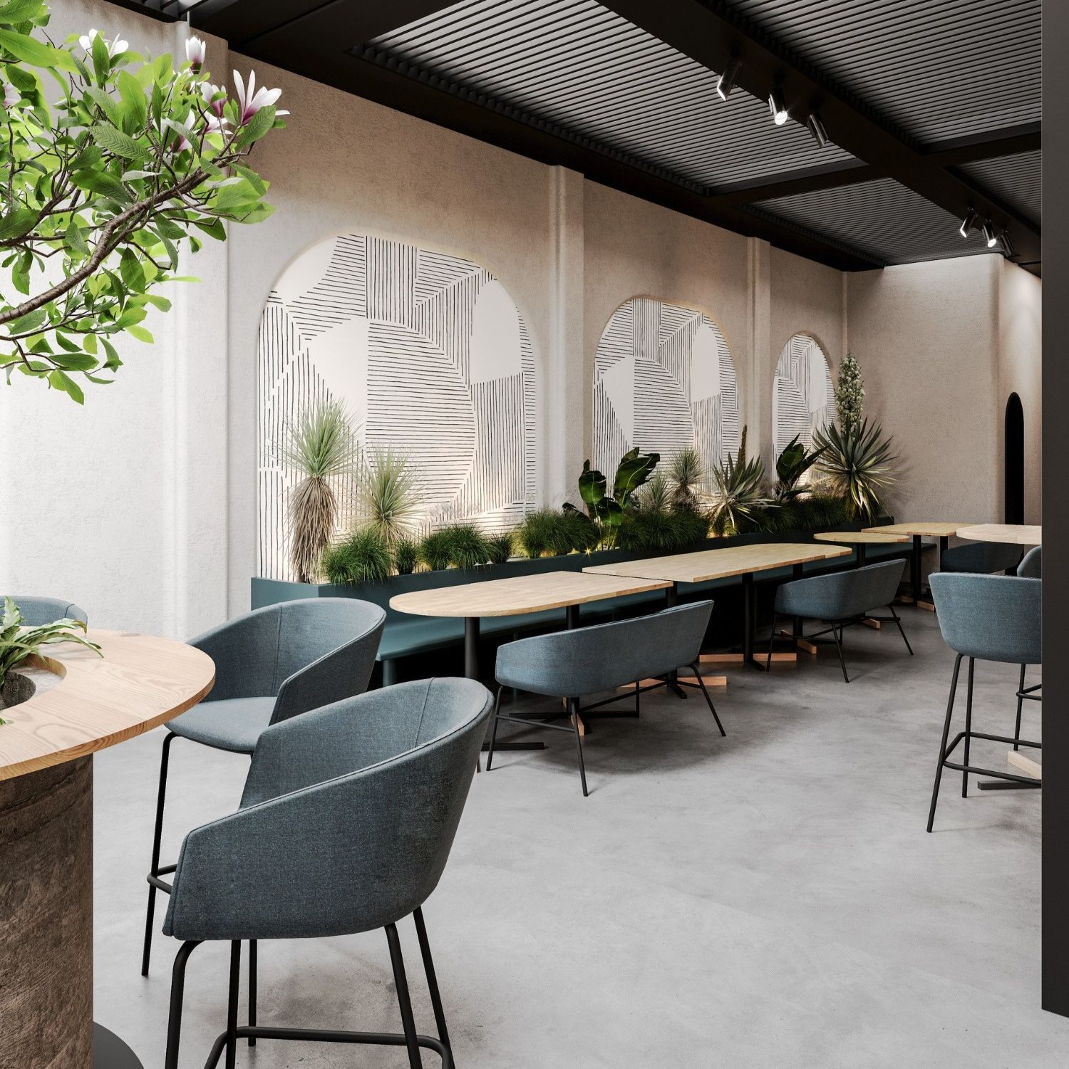amenagement cafeteria entreprise zone calme acoustique Aménagement d'une cafétéria d'entreprise avec zone calme, banquettes et plafond acoustique
